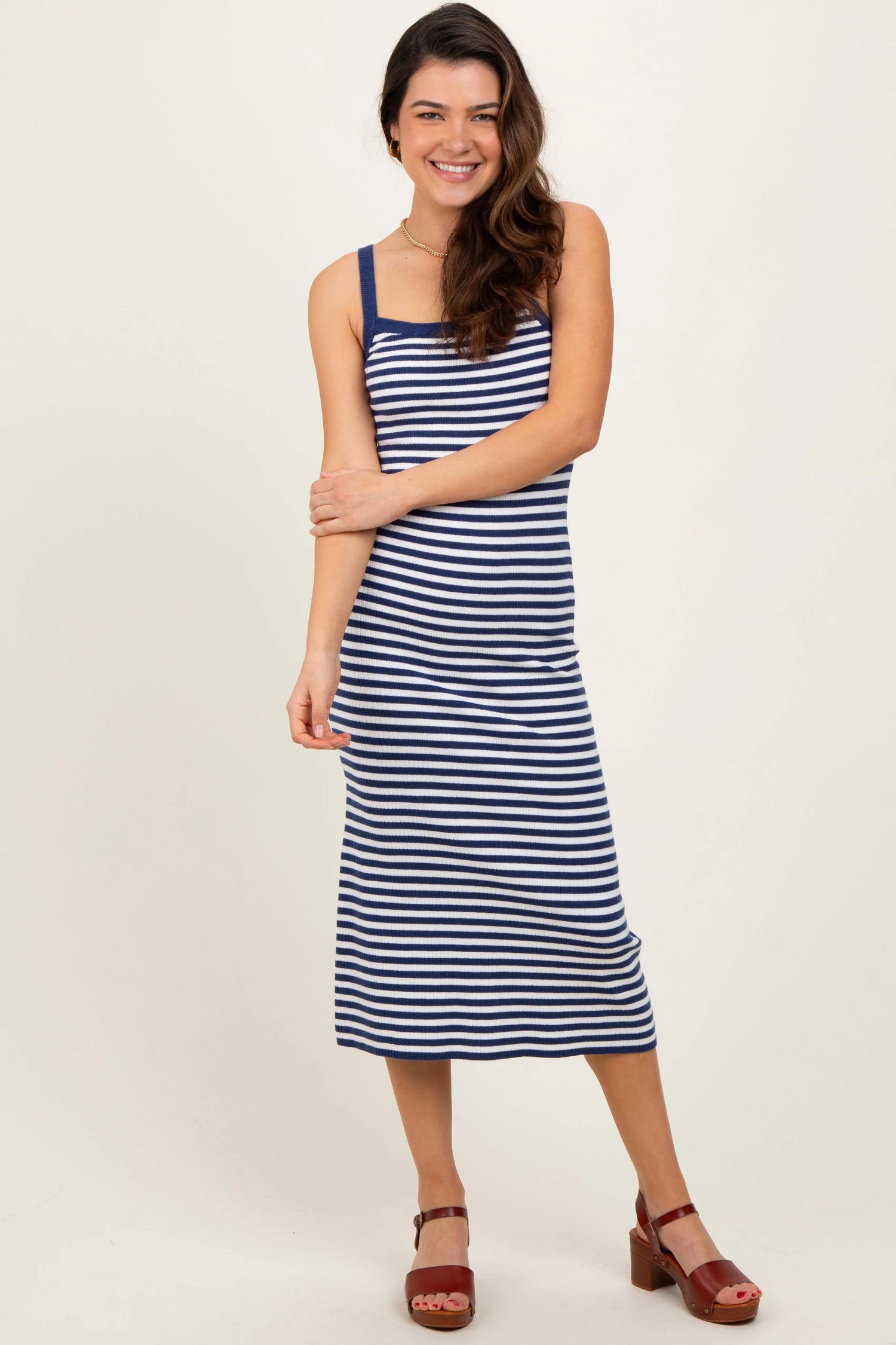 PinkBlush Navy Striped Knit Sleeveless Midi Dress - 