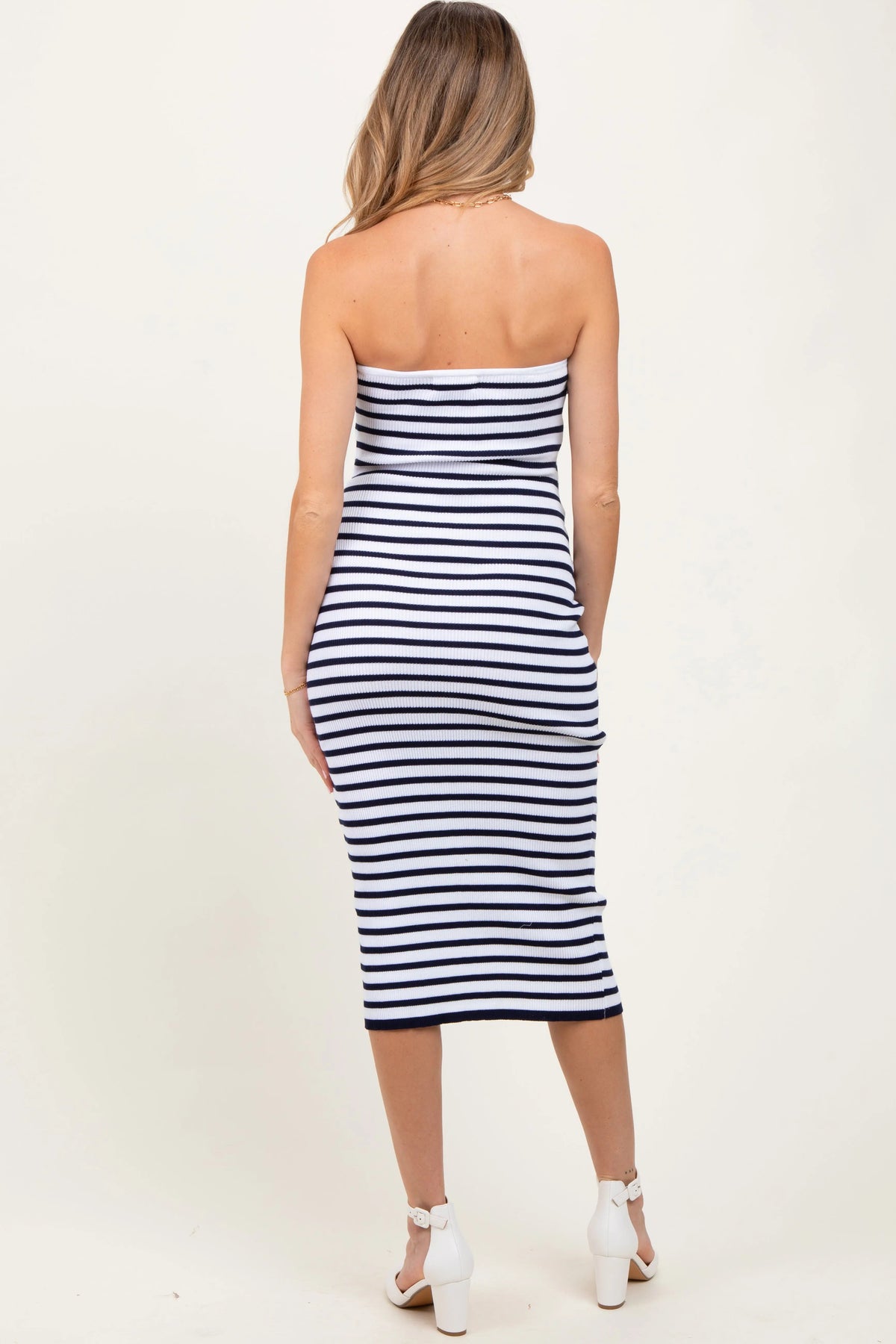 PinkBlush Navy Striped Knit Strapless Maternity Midi Dress - 