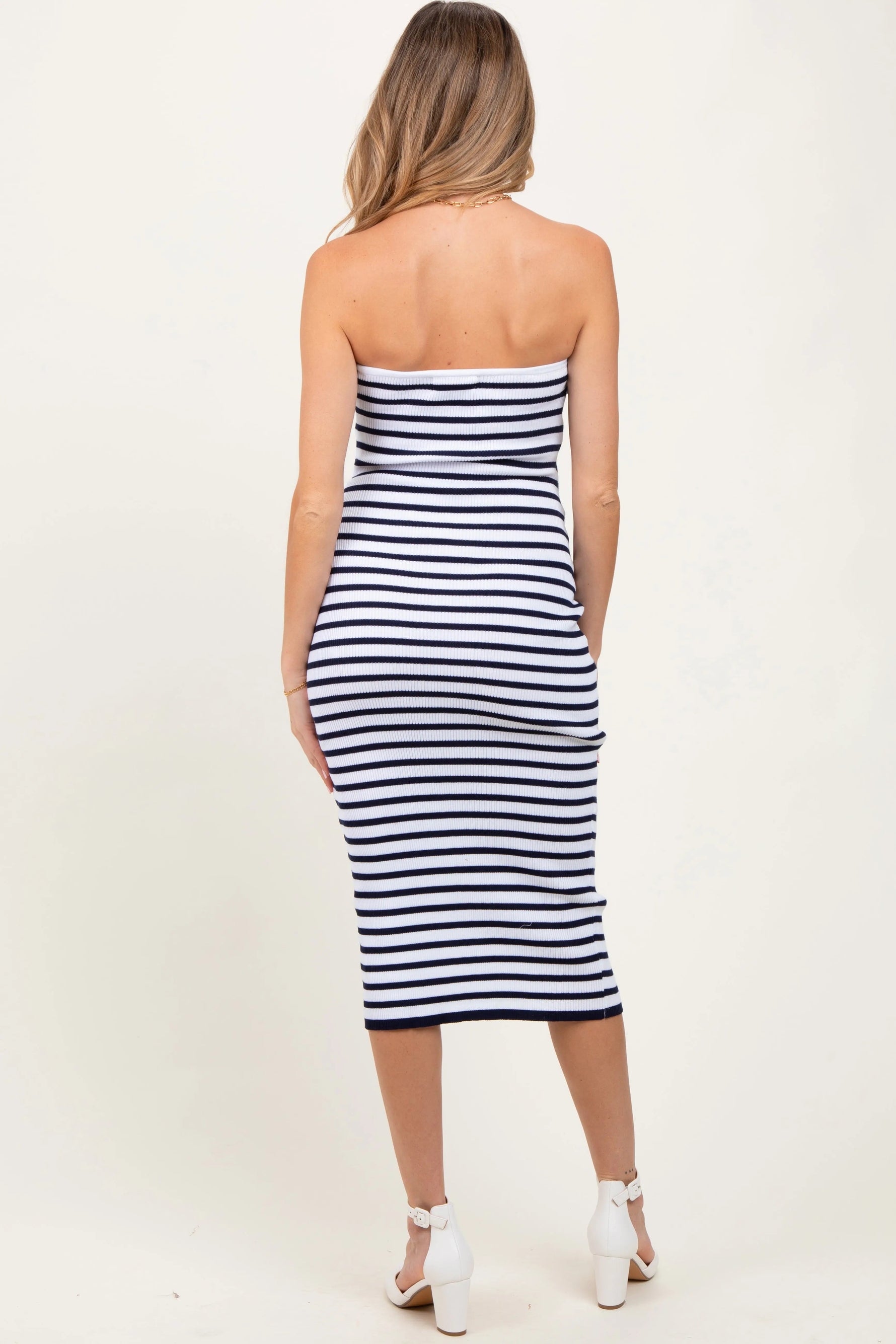 PinkBlush Navy Striped Knit Strapless Maternity Midi Dress - 