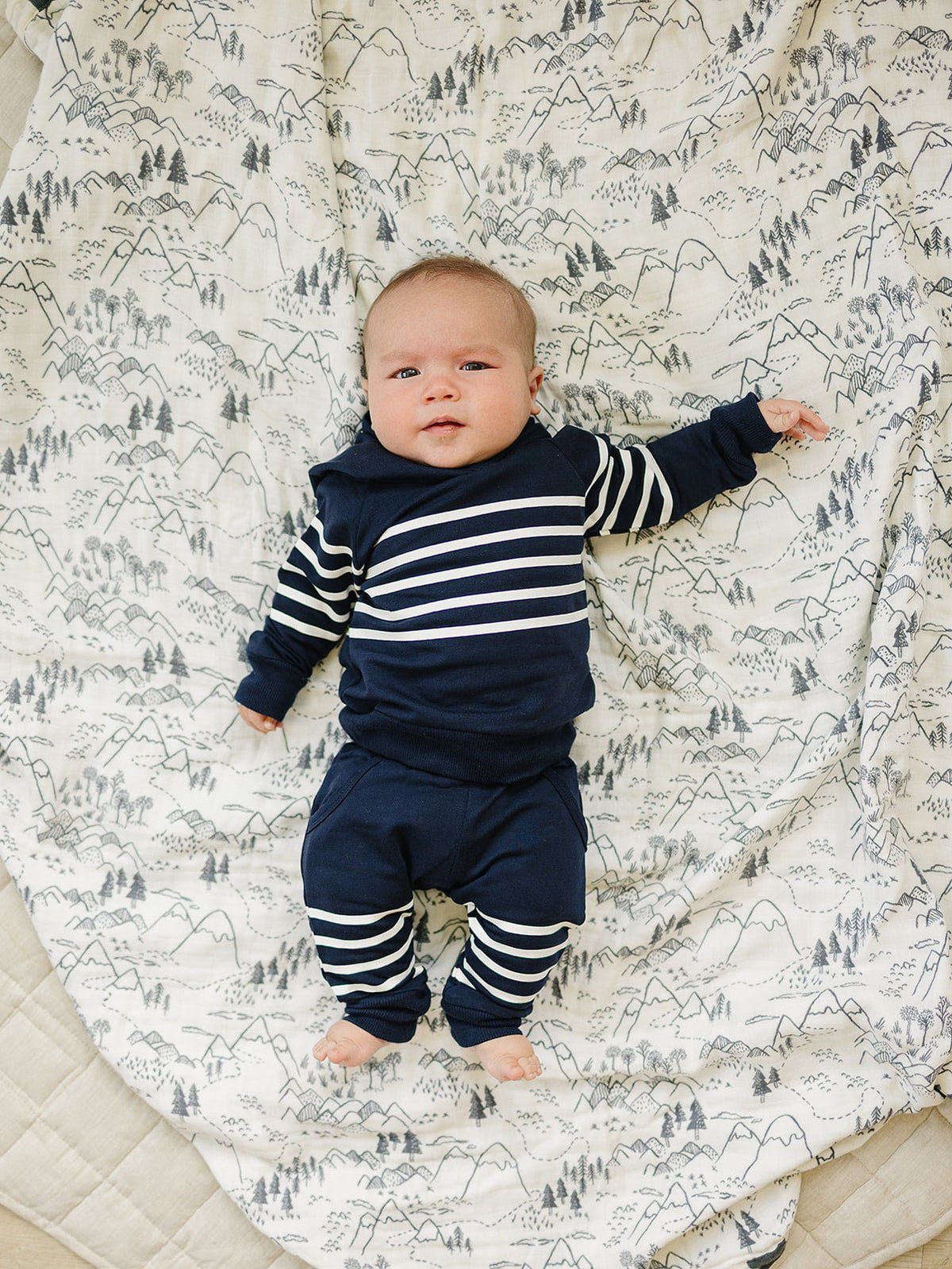 Mebie Baby Navy Stripes Hooded French Terry Set For Babies Toddlers And Kids - 
