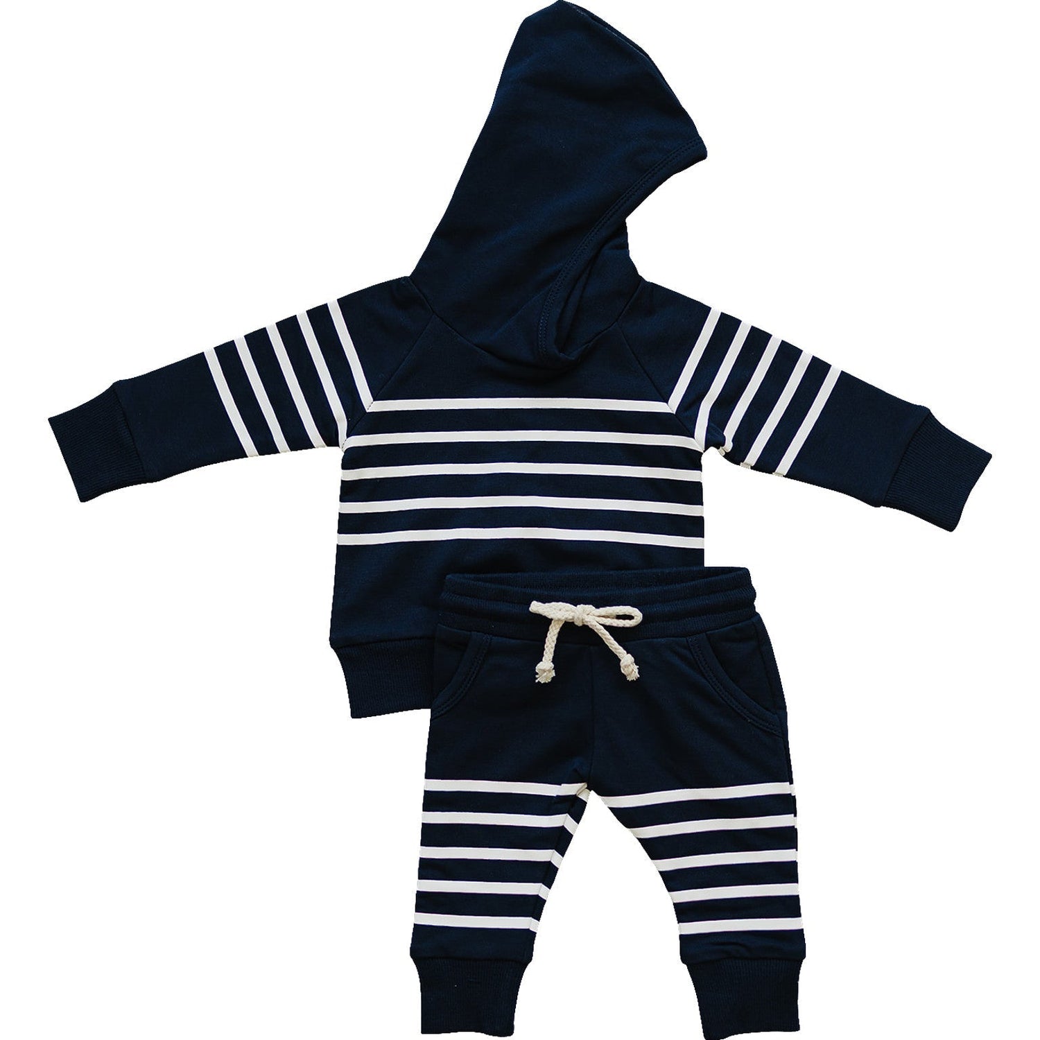 Navy and white striped hooded French terry set with matching top and pants for a baby or toddler.