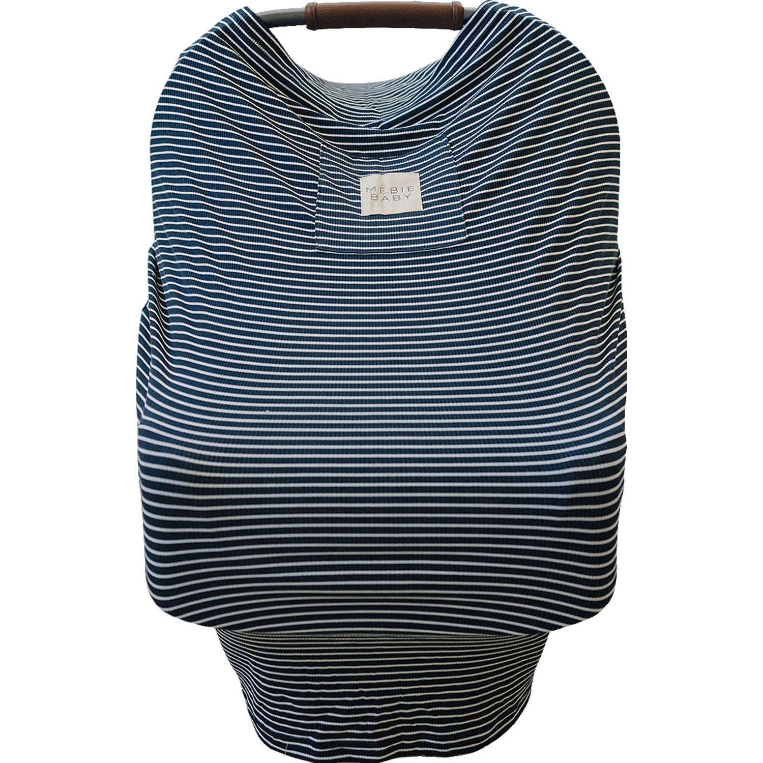 Ribbed bamboo multi-use baby cover in navy and white stripes, shown stretched over a car seat
