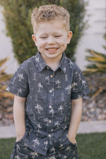 Mebie Baby Navy Surfer Linen Button Up Shirt For Babies With Palm Tree Print - 