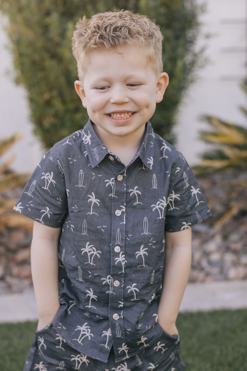 Mebie Baby Navy Surfer Linen Button Up Shirt For Babies With Palm Tree Print - 