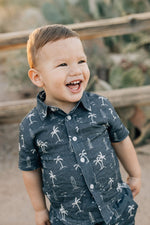 Mebie Baby Navy Surfer Linen Button Up Shirt For Babies With Palm Tree Print - 