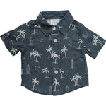 Mebie Baby Navy Surfer Linen Button Up Shirt For Babies With Palm Tree Print - 