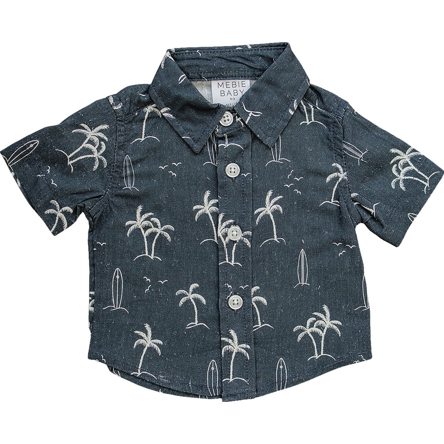 Navy linen button up shirt with a white surfboard and palm tree print