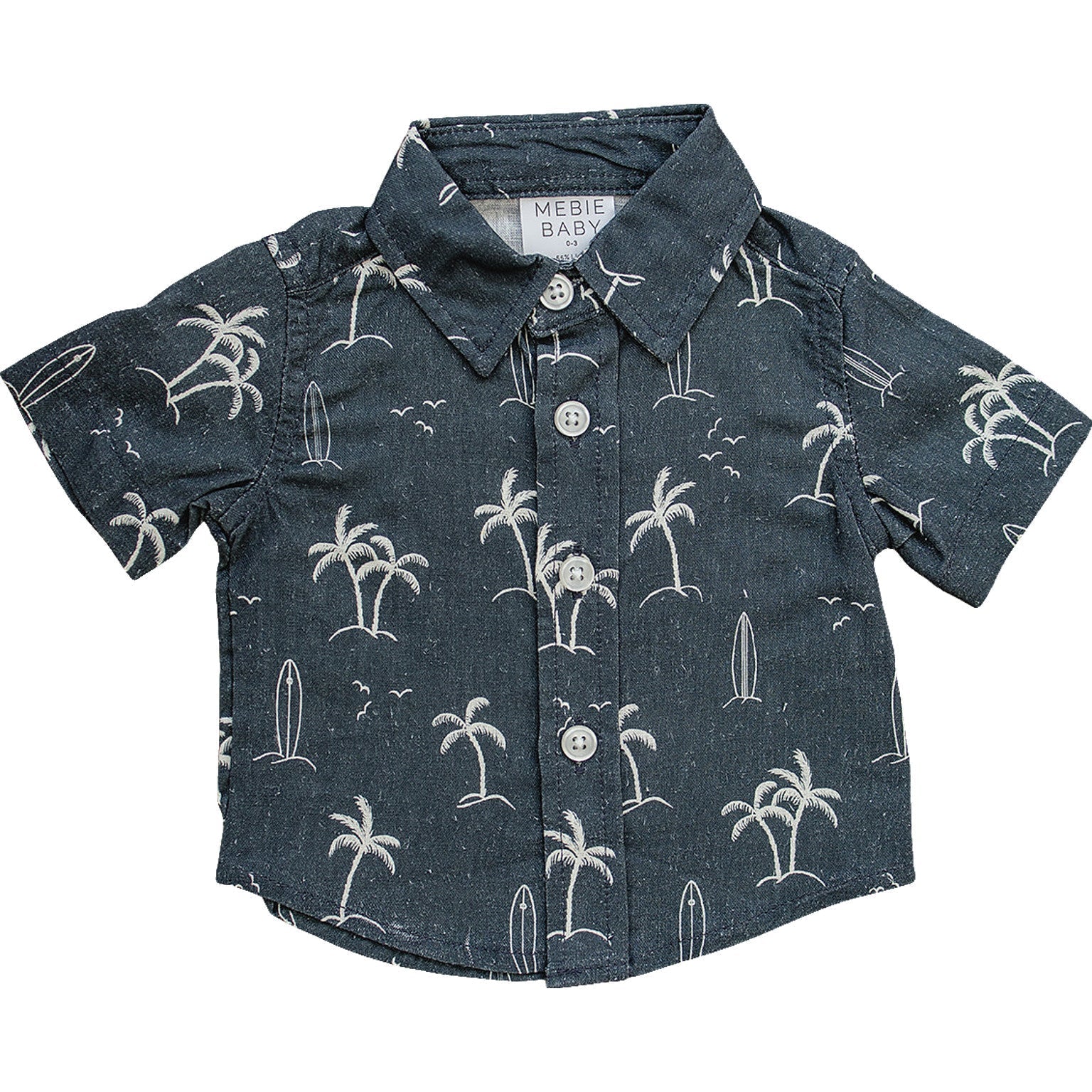 Mebie Baby Navy Surfer Linen Button Up Shirt For Babies With Palm Tree Print - 