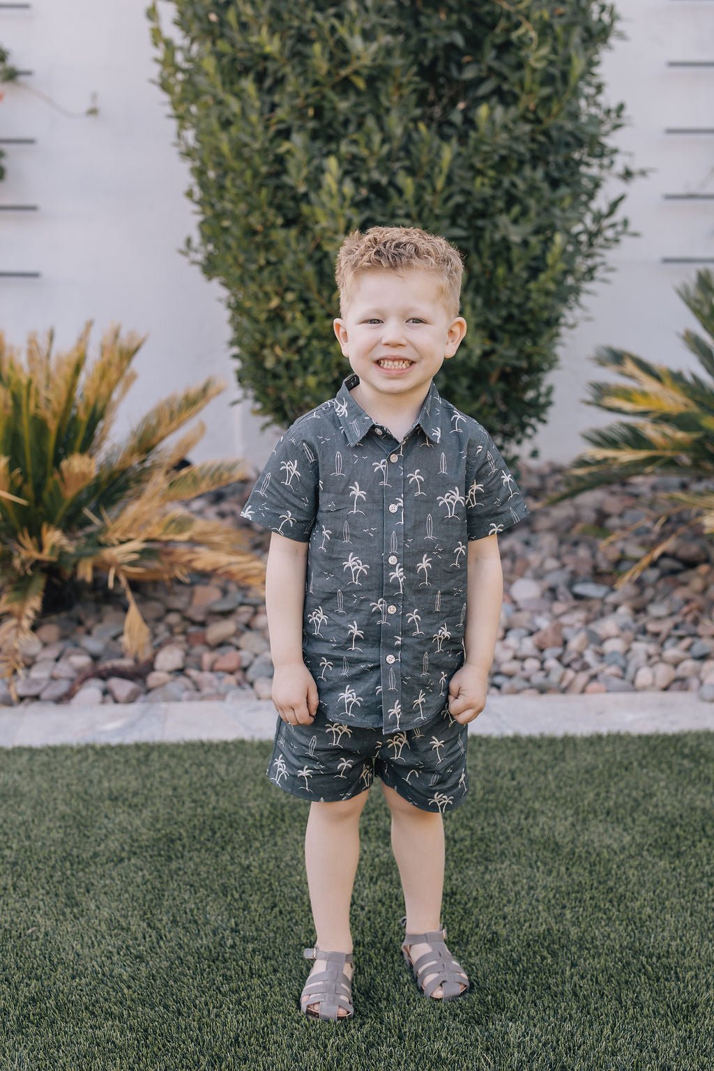 Mebie Baby Navy Surfer Linen Button Up Shirt For Babies With Palm Tree Print - 