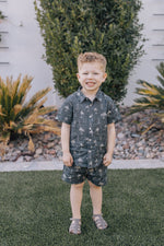 Mebie Baby Navy Surfer Linen Button Up Shirt For Babies With Palm Tree Print - 