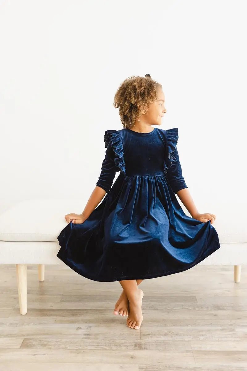 Mila & Rose ® Navy Velvet Ruffle Twirl Dress For Girls With Scoop Back - 