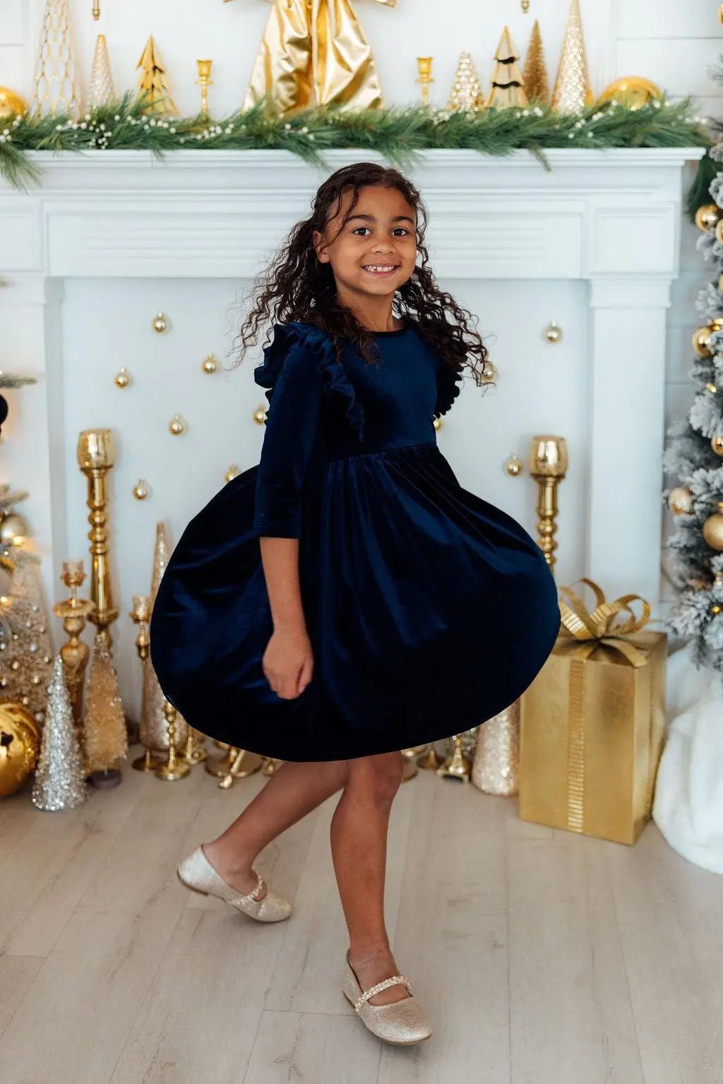 Mila & Rose ® Navy Velvet Ruffle Twirl Dress For Girls With Scoop Back - 