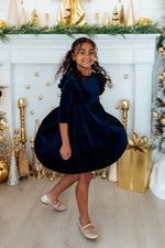 Mila & Rose ® Navy Velvet Ruffle Twirl Dress For Girls With Scoop Back - 