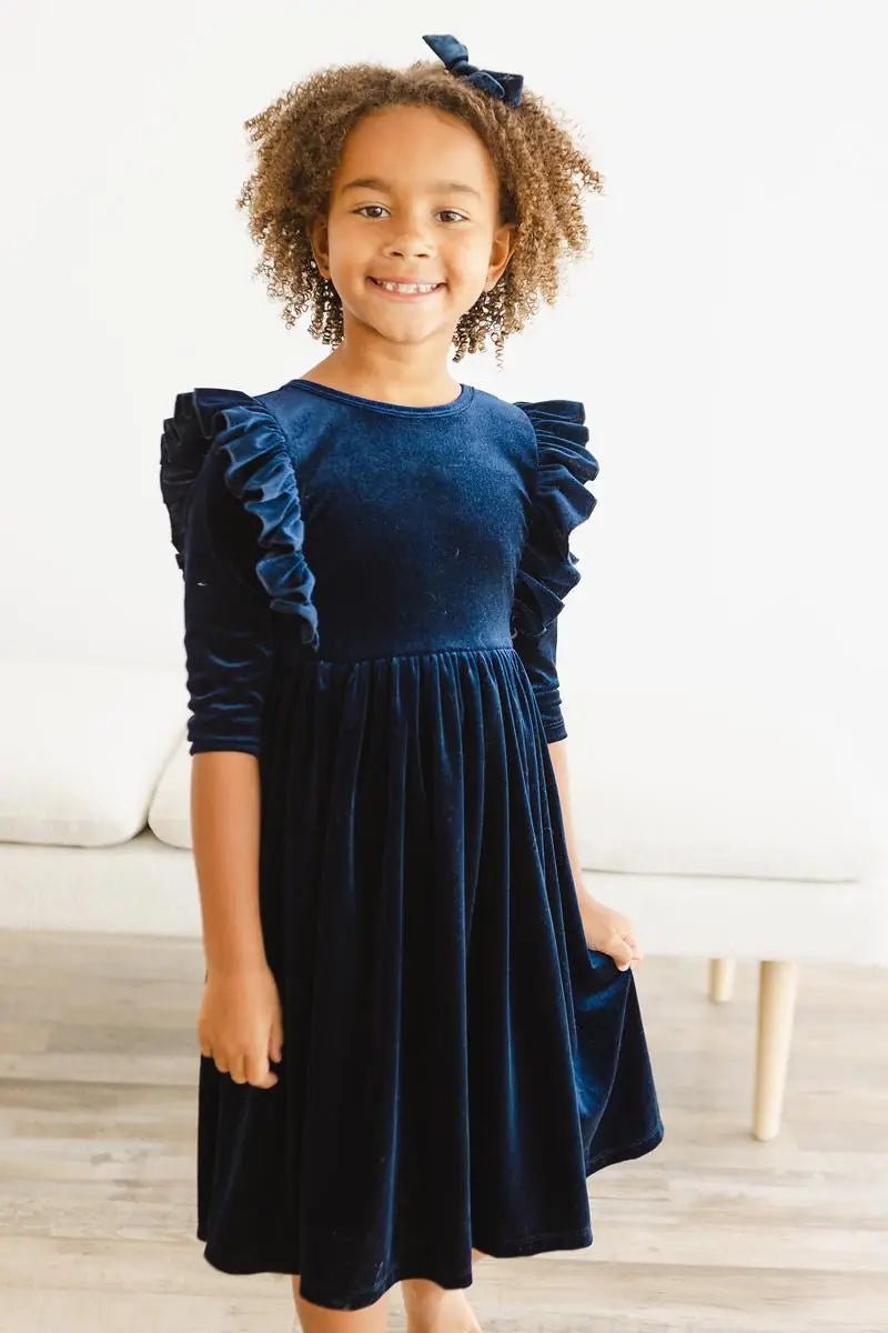 Mila & Rose ® Navy Velvet Ruffle Twirl Dress For Girls With Scoop Back - 