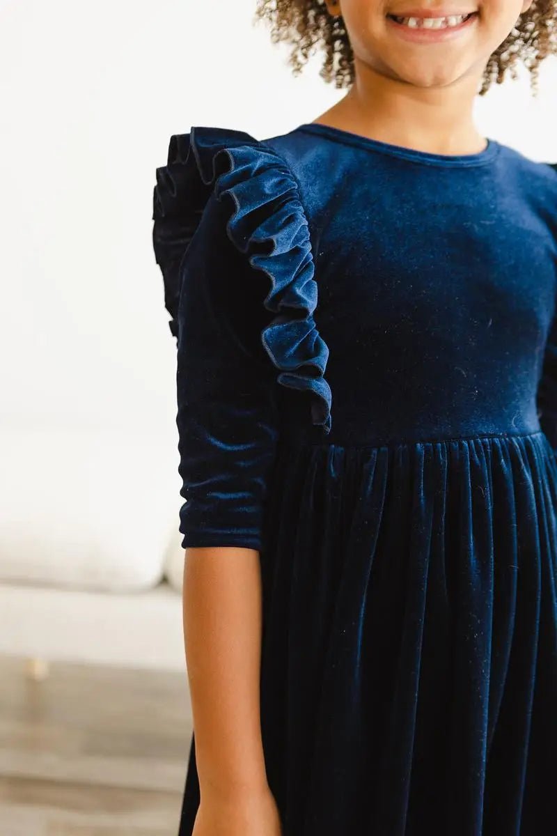 Mila & Rose ® Navy Velvet Ruffle Twirl Dress For Girls With Scoop Back - 