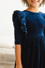 Mila & Rose ® Navy Velvet Ruffle Twirl Dress For Girls With Scoop Back - 