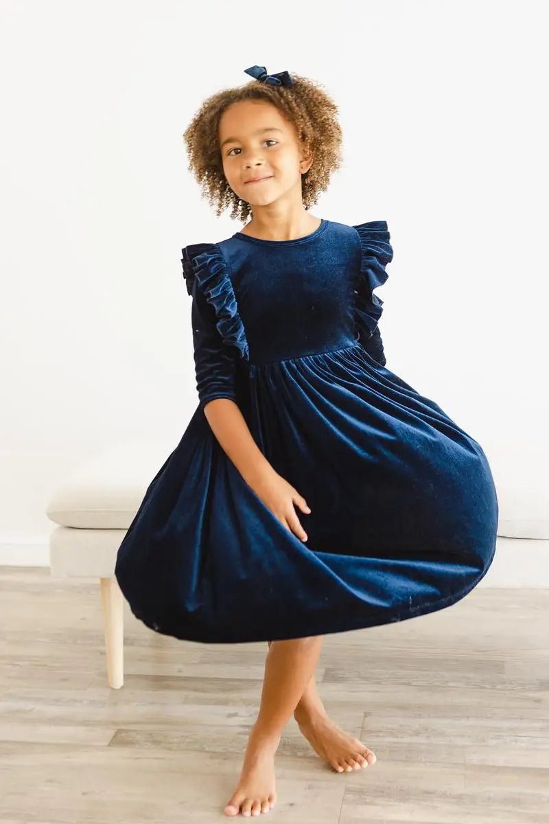 Mila & Rose ® Navy Velvet Ruffle Twirl Dress For Girls With Scoop Back - 