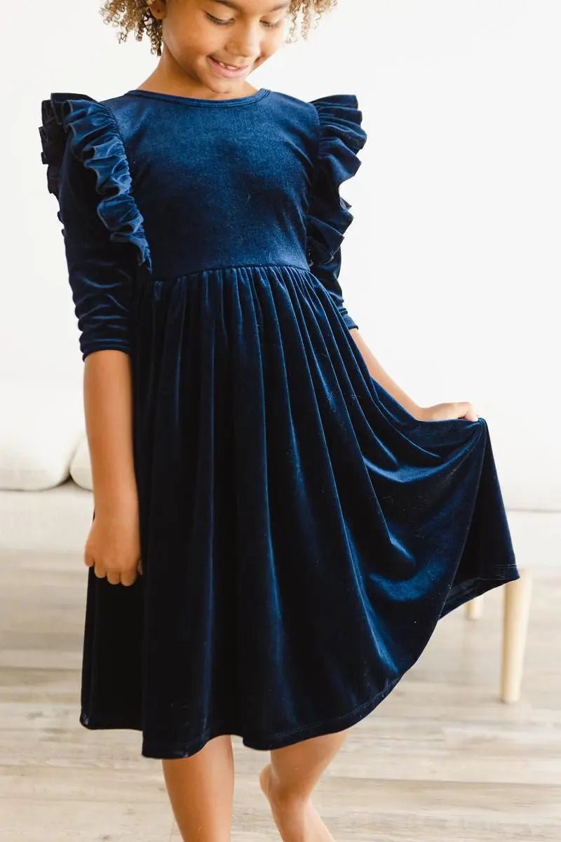 Mila & Rose ® Navy Velvet Ruffle Twirl Dress For Girls With Scoop Back - 