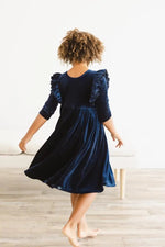 Mila & Rose ® Navy Velvet Ruffle Twirl Dress For Girls With Scoop Back - 