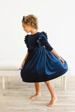 Mila & Rose ® Navy Velvet Ruffle Twirl Dress For Girls With Scoop Back - 