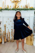 Mila & Rose ® Navy Velvet Ruffle Twirl Dress For Girls With Scoop Back - 