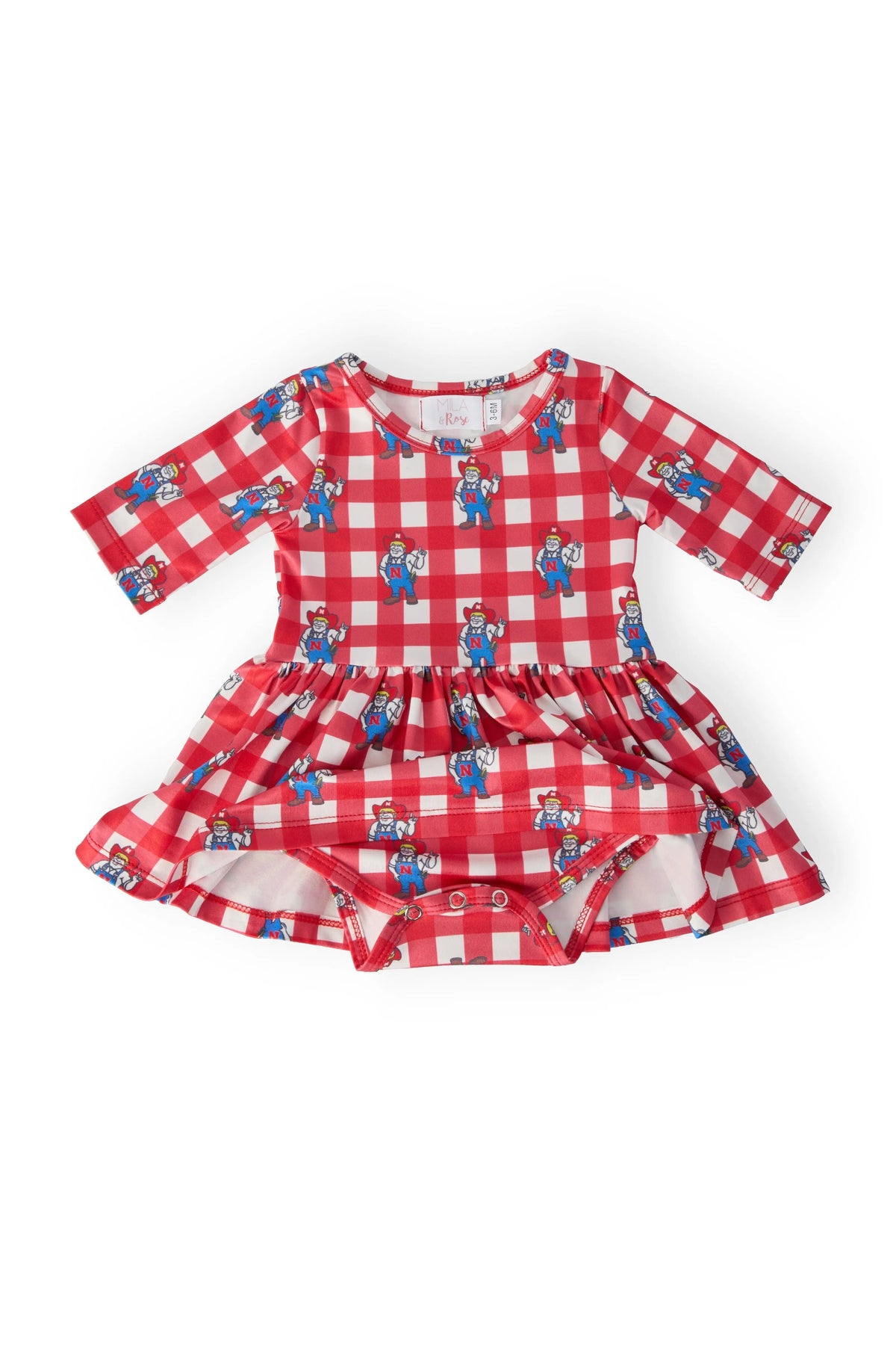 Mila & Rose ® Nebraska Plaid Herbie Husker 3/4 Sleeve Twirl Bodysuit - 