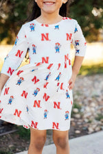 Mila & Rose ® Nebraska White Herbie Husker 3/4 Sleeve Pocket Twirl Dress - 