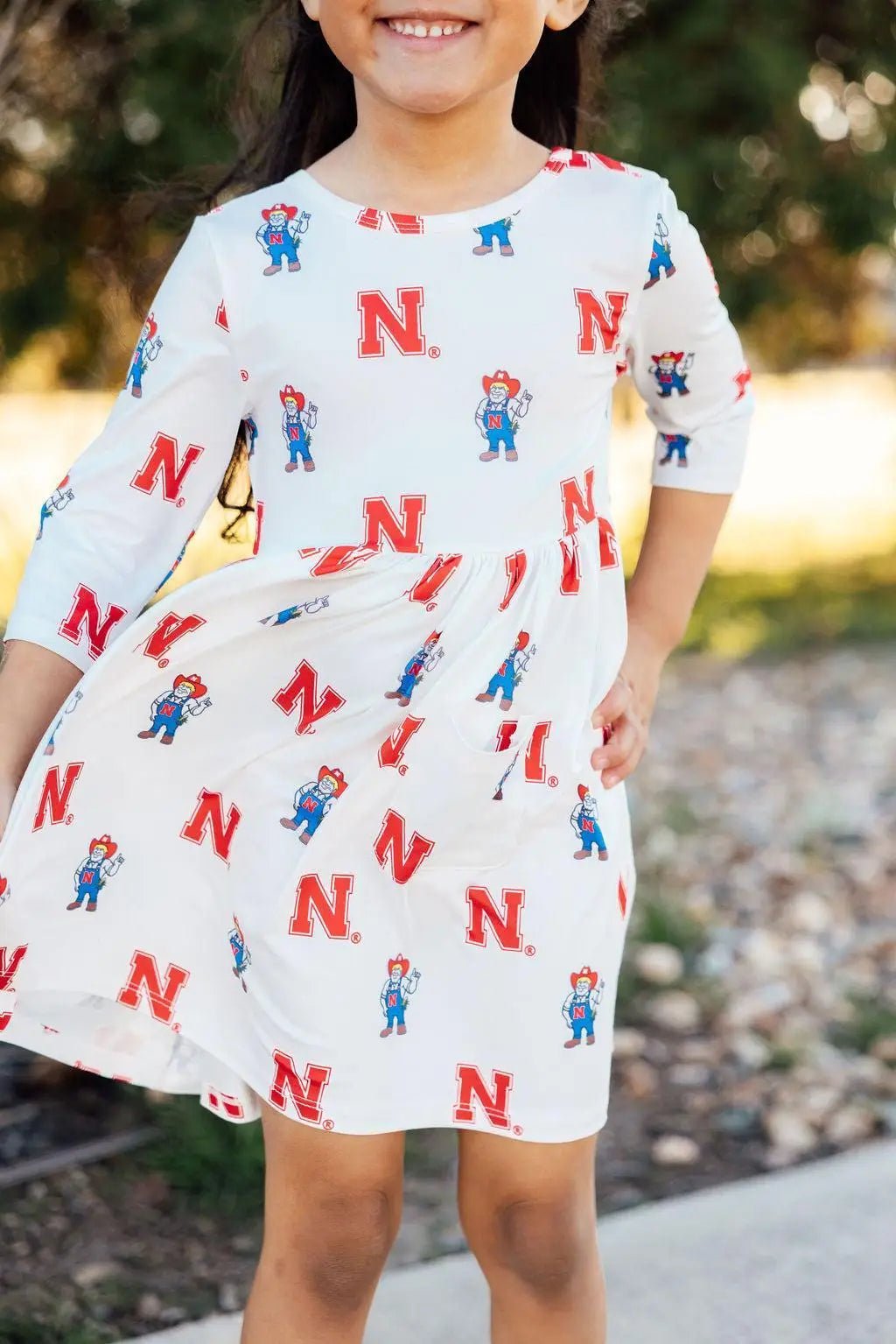 Mila & Rose ® Nebraska White Herbie Husker 3/4 Sleeve Pocket Twirl Dress - 