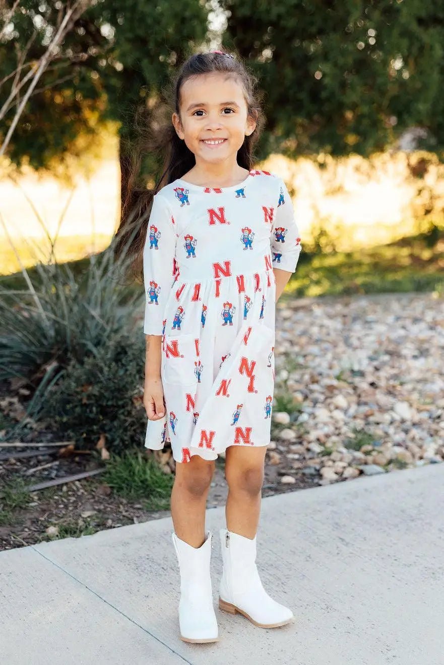 Mila & Rose ® Nebraska White Herbie Husker 3/4 Sleeve Pocket Twirl Dress - 