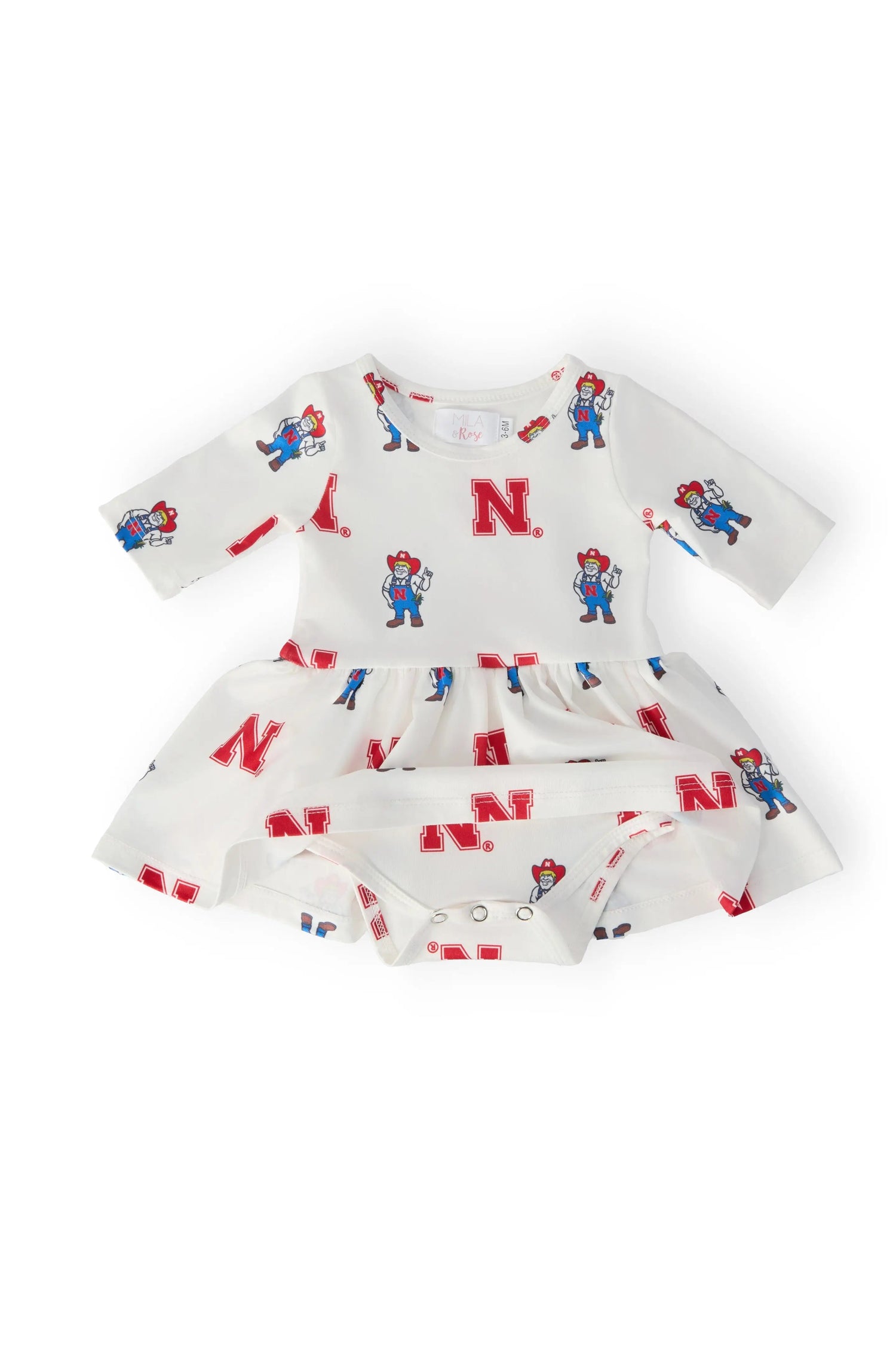 Mila & Rose ® Nebraska White Herbie Husker 3/4 Sleeve Twirl Bodysuit - 