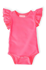 Neon Pink S/S Flutter Bodysuit - Baby & Toddler Clothing, Pink, Ruffle, Infant bodysuit, Leotard | Everetts Place