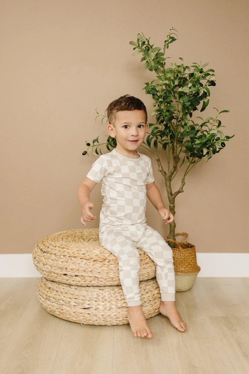 Little Joy Co. Neutral Checker Two Piece Bamboo Pajamas Sleepwear Set Soft - Everetts Place Boutique - 