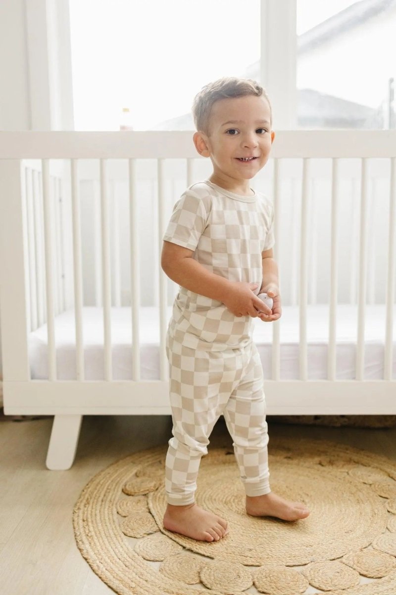 Little Joy Co. Neutral Checker Two Piece Bamboo Pajamas Sleepwear Set Soft - Everetts Place Boutique - 