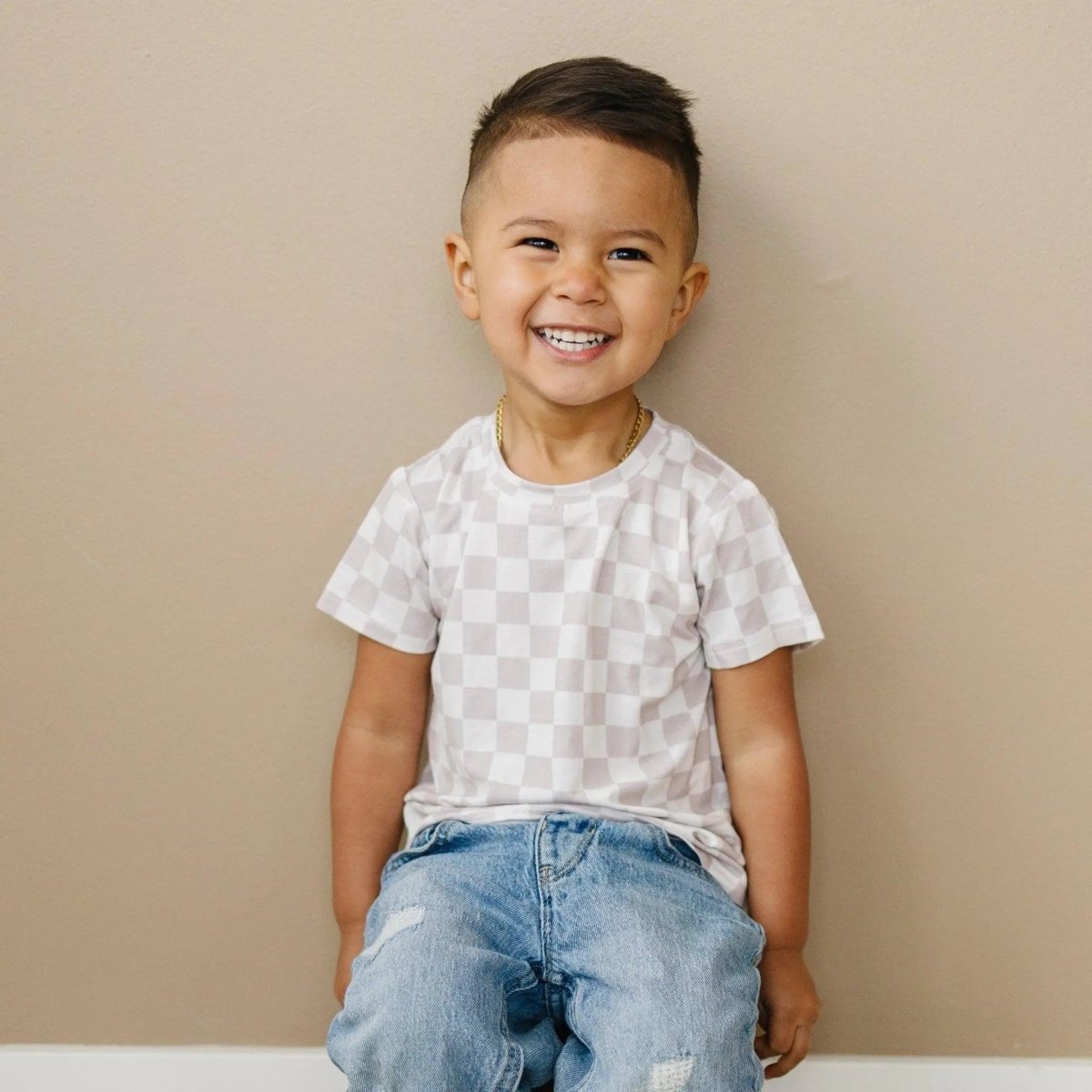 Little Joy Co. Neutral Checkered Bamboo Tee for Baby 3 to 6 Months - Everetts Place Boutique - 