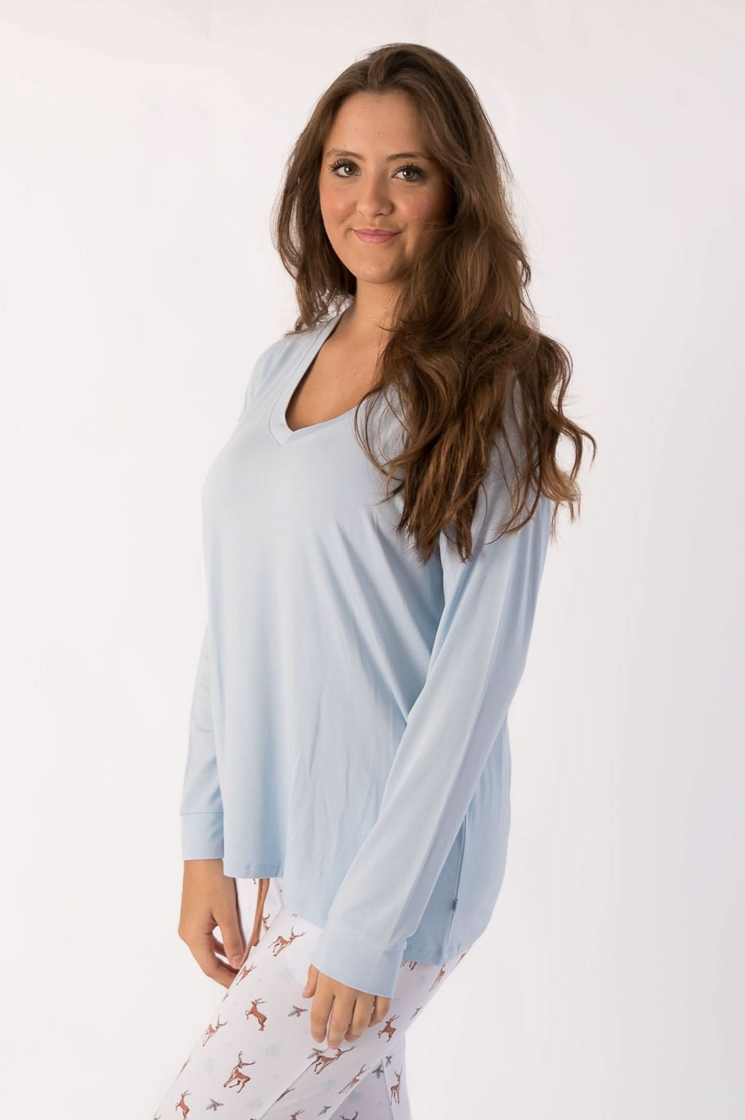 Jet black long sleeve V-neck tee for adults, shown flat