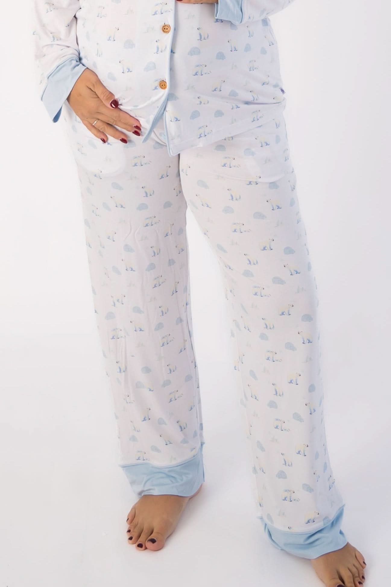 Adult pajama bottoms in a polar bear print, shown laid flat with an elastic waistband