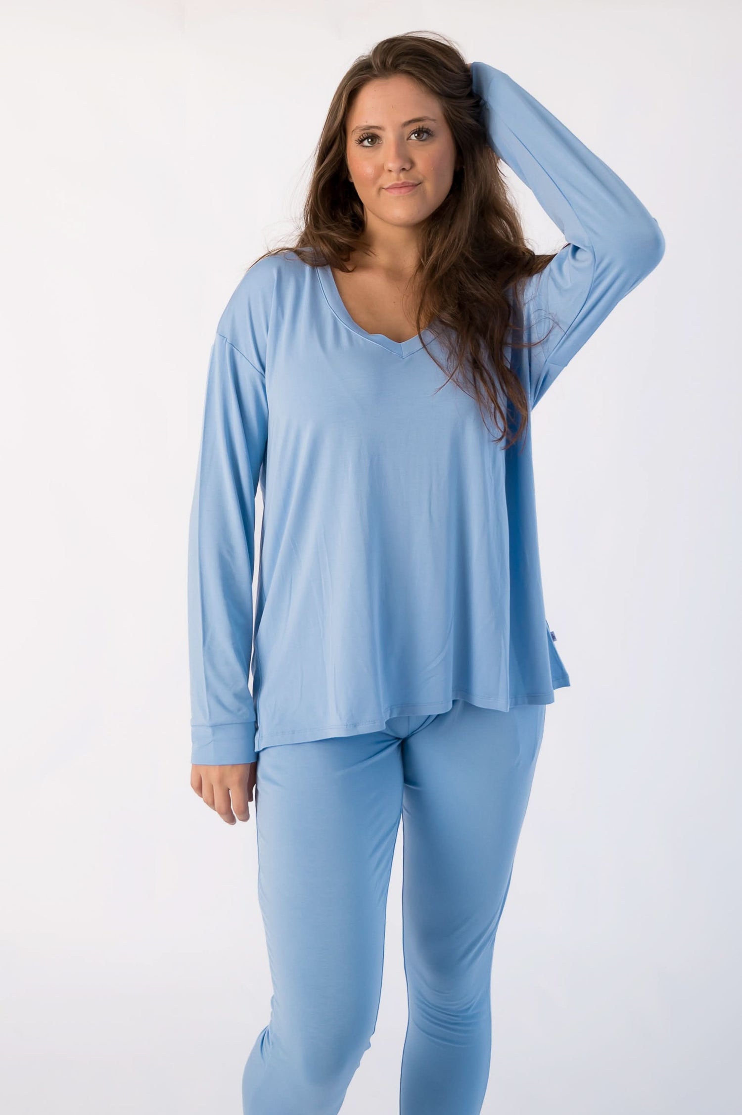 Adult long sleeve V-neck tee in the Arctic print, laid flat to show the neckline and sleeves.