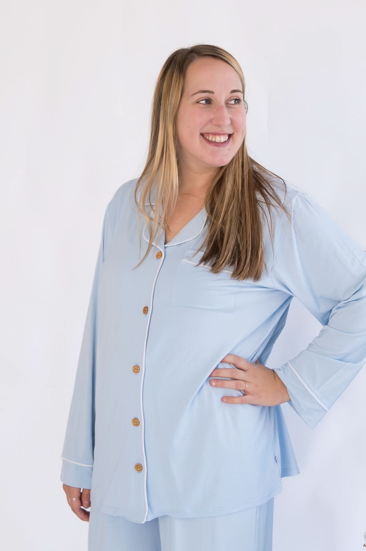 Jet black adult button-up pajama top with collar and front buttons