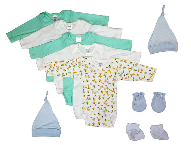 Newborn baby boys layette set with onesies, hat, mitts, and booties in soft cotton.