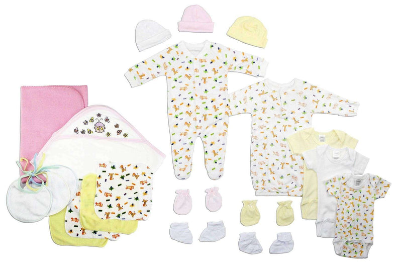 Newborn baby girls layette gift set with 21 essential cotton items including sleep 'n play, booties, caps, mittens, and more.