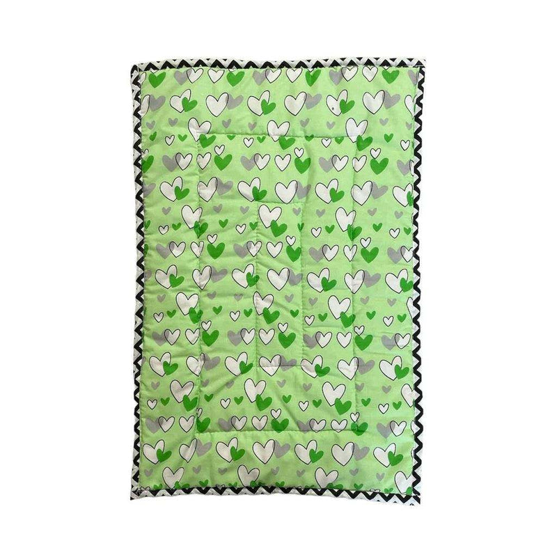 Green newborn baby godadi quilt with heart pattern for comfortable infant sleeping.