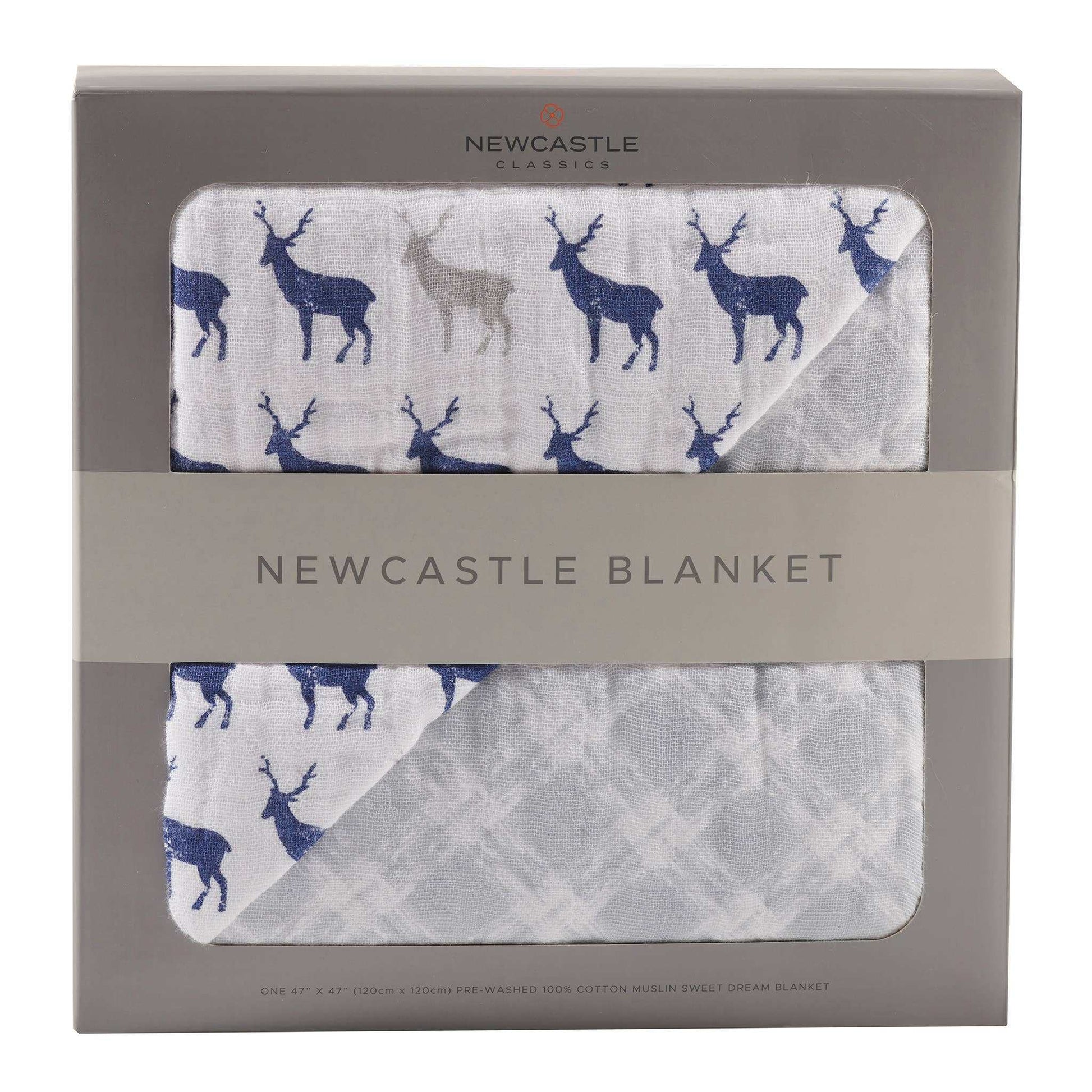 Newcastle Classics Blue Deer and Glacier Grey Plaid Blanket 100 Percent Natural Cotton Muslin 47 Inch x 47 Inch Newcastle Classics
