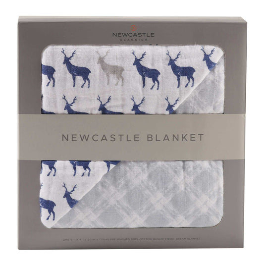 Newcastle Classics Blue Deer and Glacier Grey Plaid Blanket 100 Percent Natural Cotton Muslin 47 Inch x 47 Inch Newcastle Classics