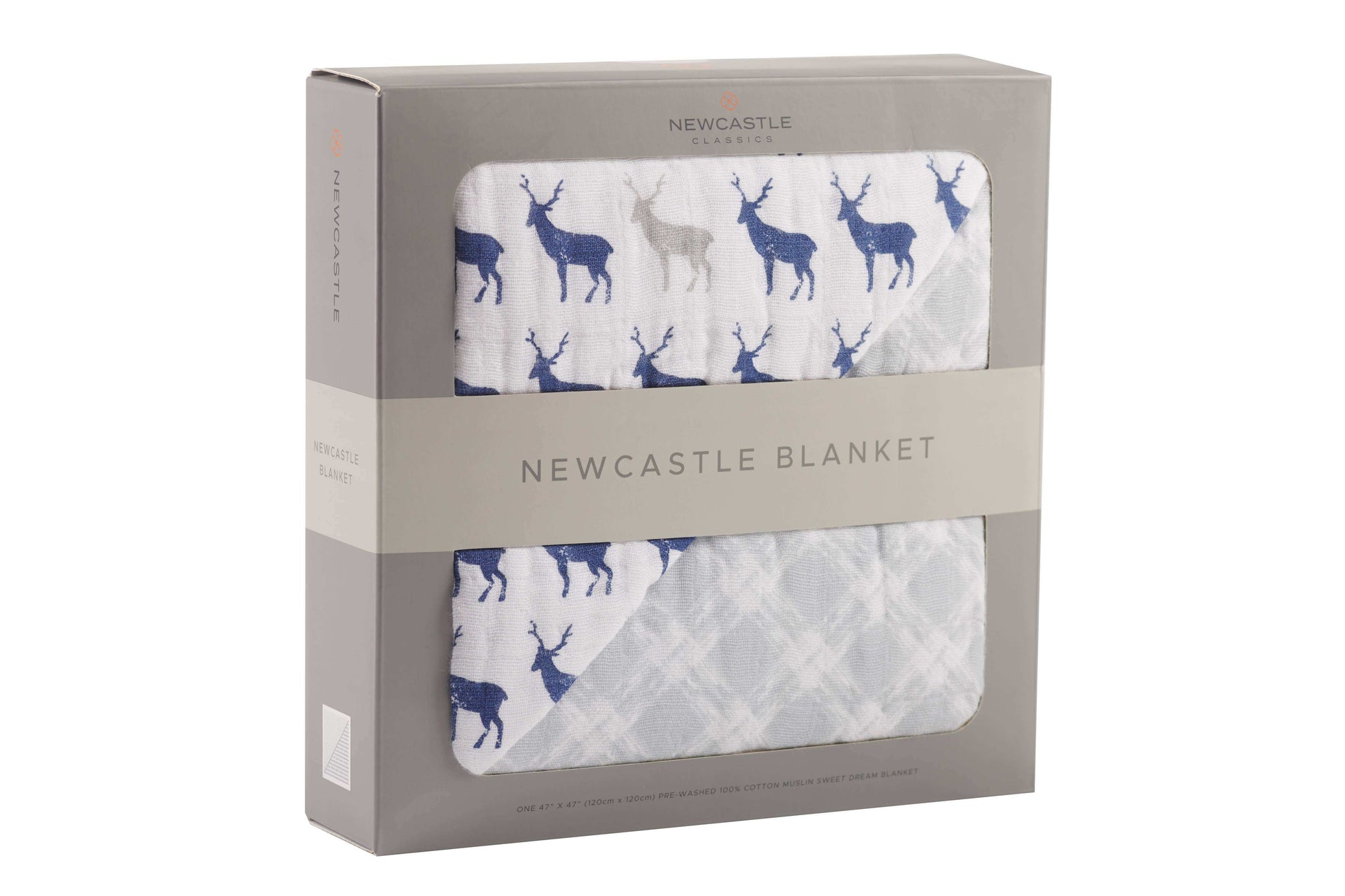 Newcastle Classics Blue Deer and Glacier Grey Plaid Blanket 100 Percent Natural Cotton Muslin 47 Inch x 47 Inch Newcastle Classics