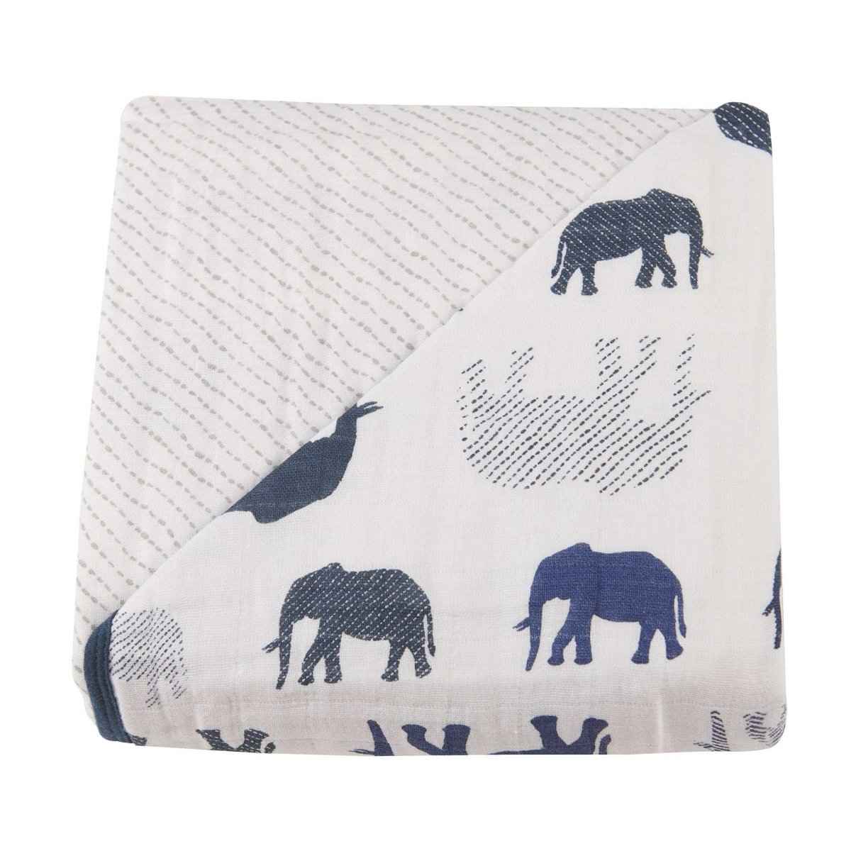 Newcastle Classics Cotton Muslin Blanket with Blue Elephant Design for Kids - Everetts Place