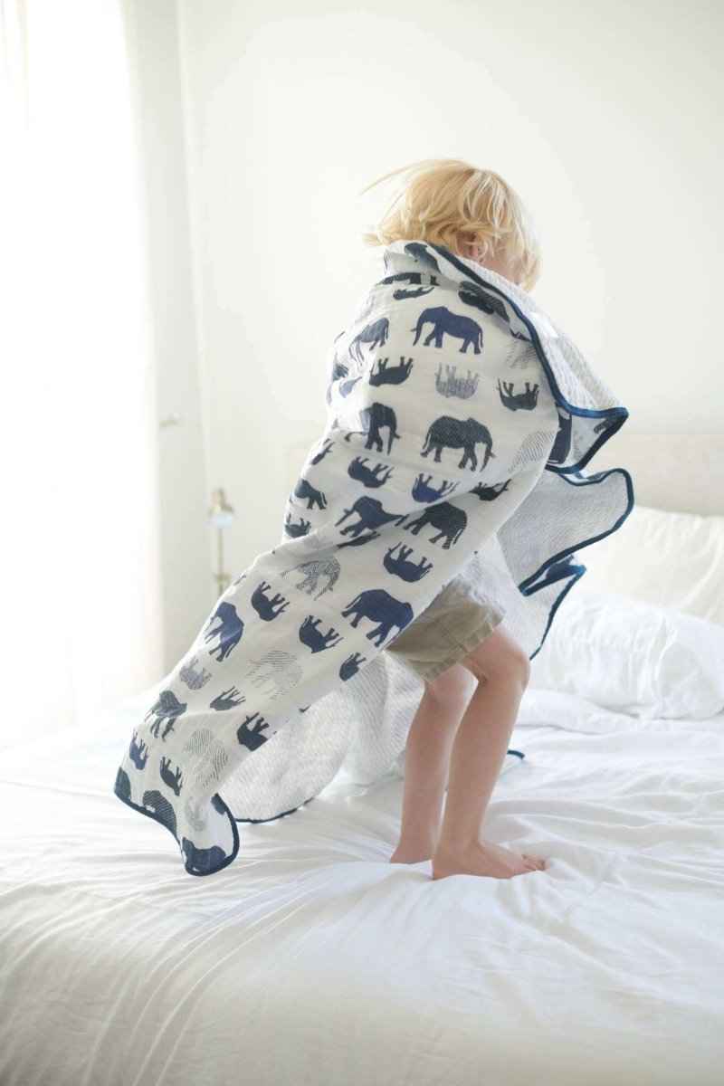 Newcastle Classics Cotton Muslin Blanket with Blue Elephant Design for Kids - Everetts Place