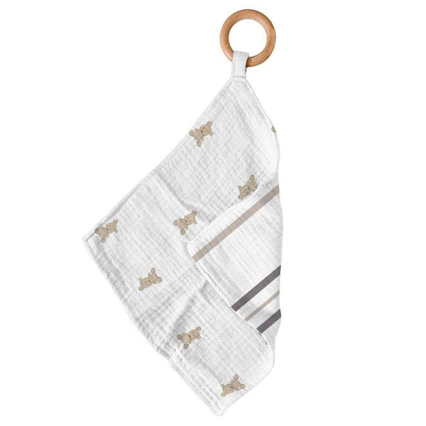 Grey stripe plush teddy bear teether holding a smooth round wooden teething ring