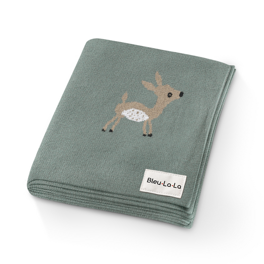 Luxury Cotton Deer Knit Swaddle Baby Blanket for Newborns Bleu La La