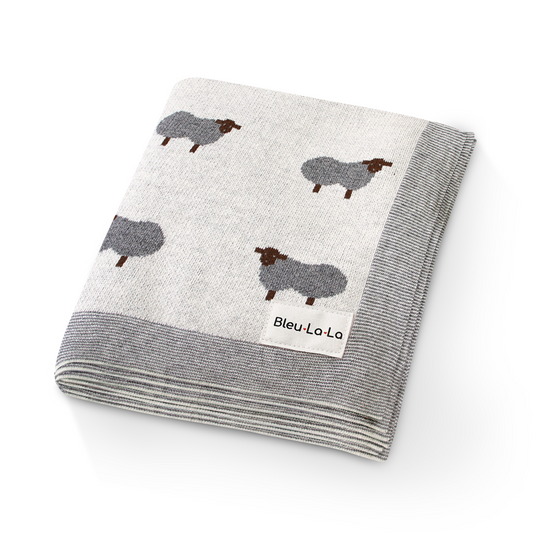 Sheep Knit Receiving Baby Blanket Made From 100 Percent OEKO Tex Certified Cotton Bleu La La