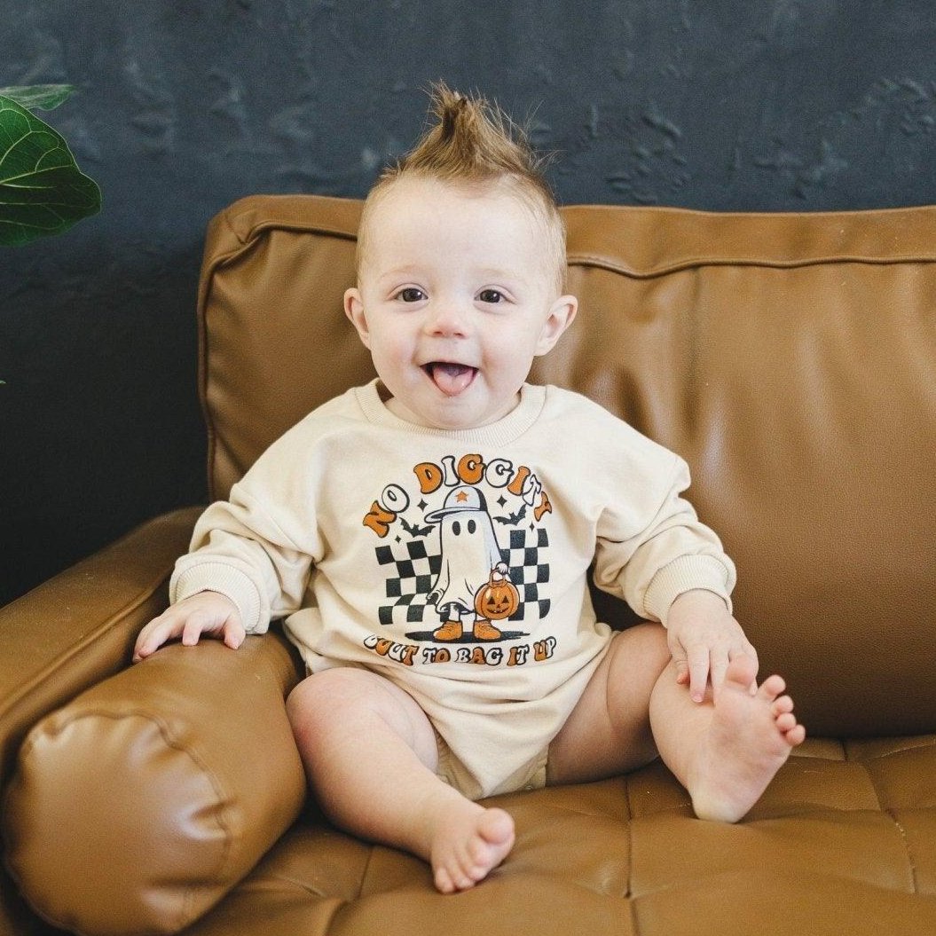 Baby sweatshirt romper with Halloween graphic and long sleeves, snaps at the crotch.